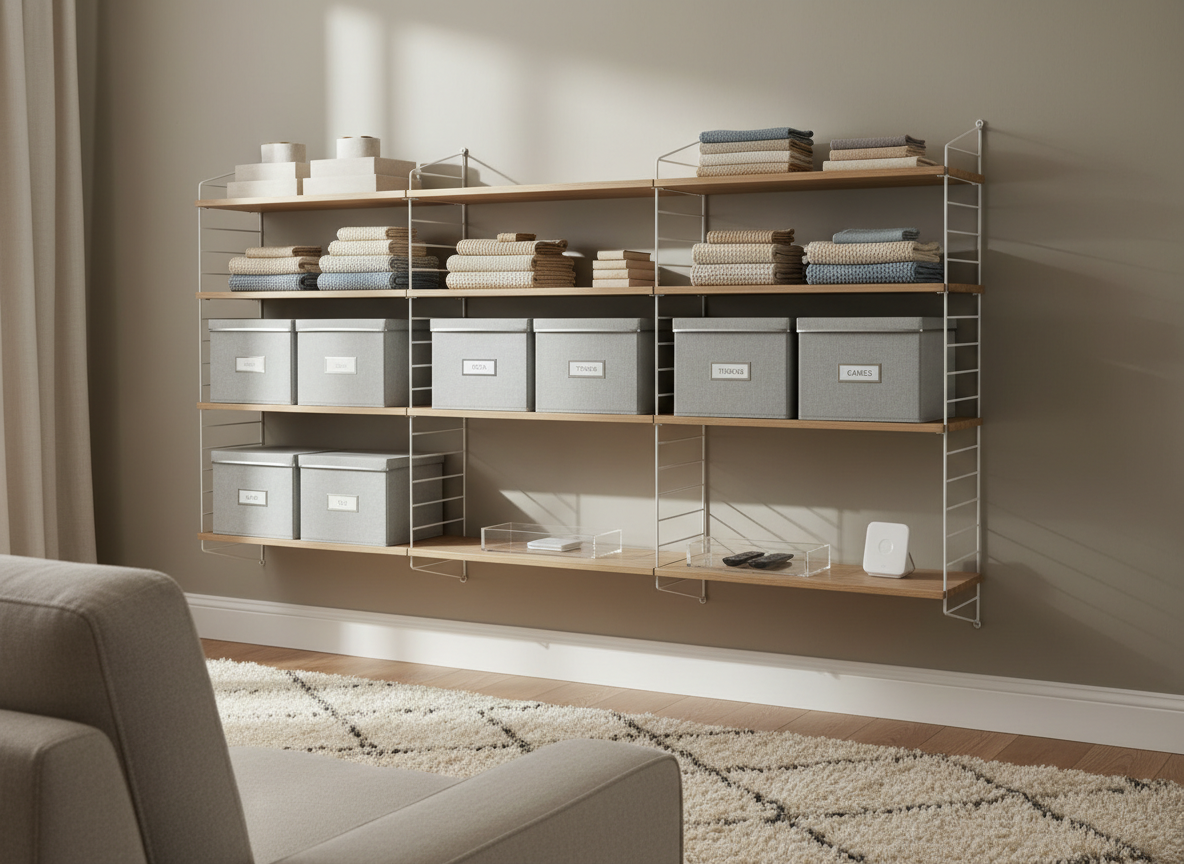 A meticulously organized living room wall featuring a slim, no-drill floating shelving system in matte white metal and pale oak accents, displaying neatly folded woven throws, labeled storage boxes, and a single clear acrylic tray holding remote controls. The unit is mounted against a soft warm-gray wall above a low fabric sofa arm that remains just out of frame, with a neutral wool rug visible below. Gentle afternoon natural light filters through unseen sheer curtains, casting soft, elongated shadows that emphasize clean lines and material textures. Captured at eye level with photographic realism and a slight three-quarter angle, the composition uses the rule of thirds to create a calm, sophisticated atmosphere of effortless, everyday organization in the living room.